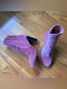 Dusty Rose Velvet Ankle Booties with Gold Block Heel